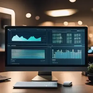 Modern office with computer displaying graphs.