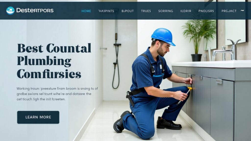 Plumber fixing sink cabinet in modern bathroom